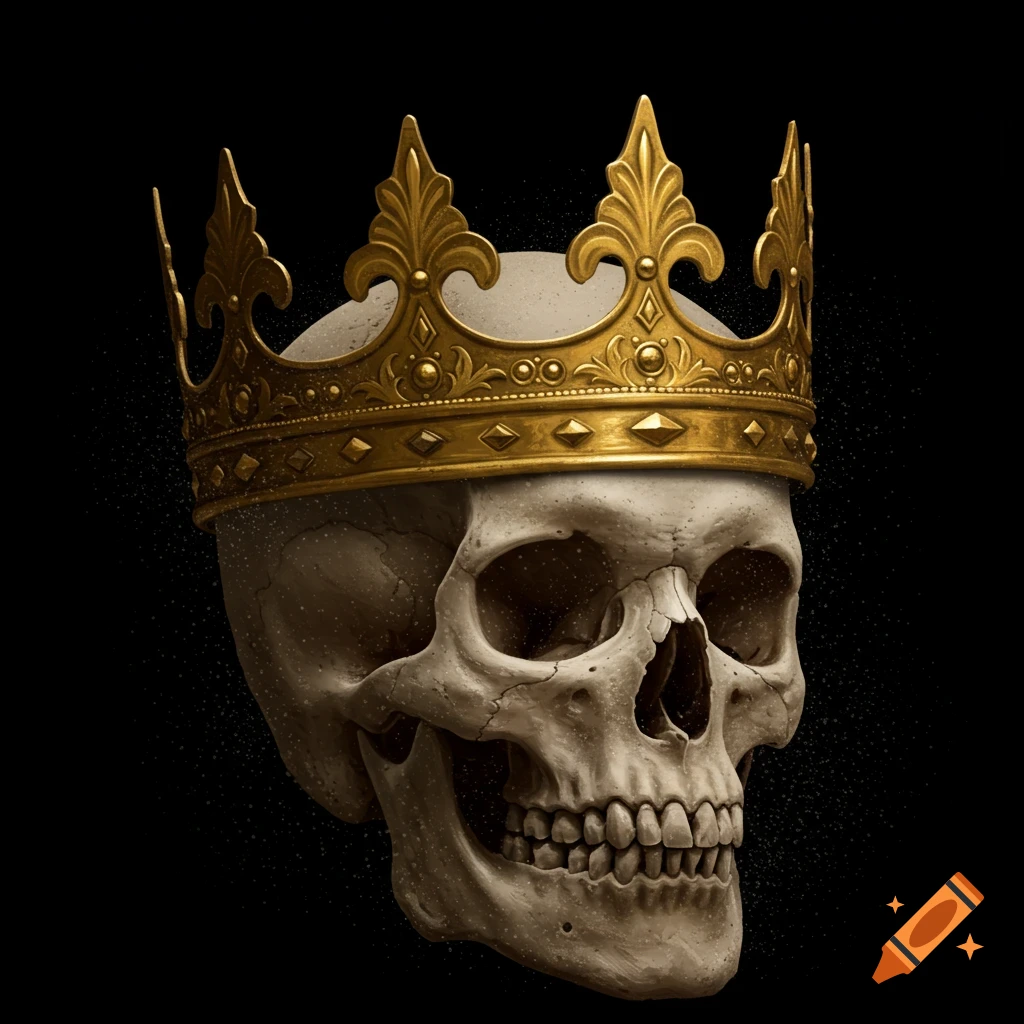 A dusty skull wearing a golden crown against a black background