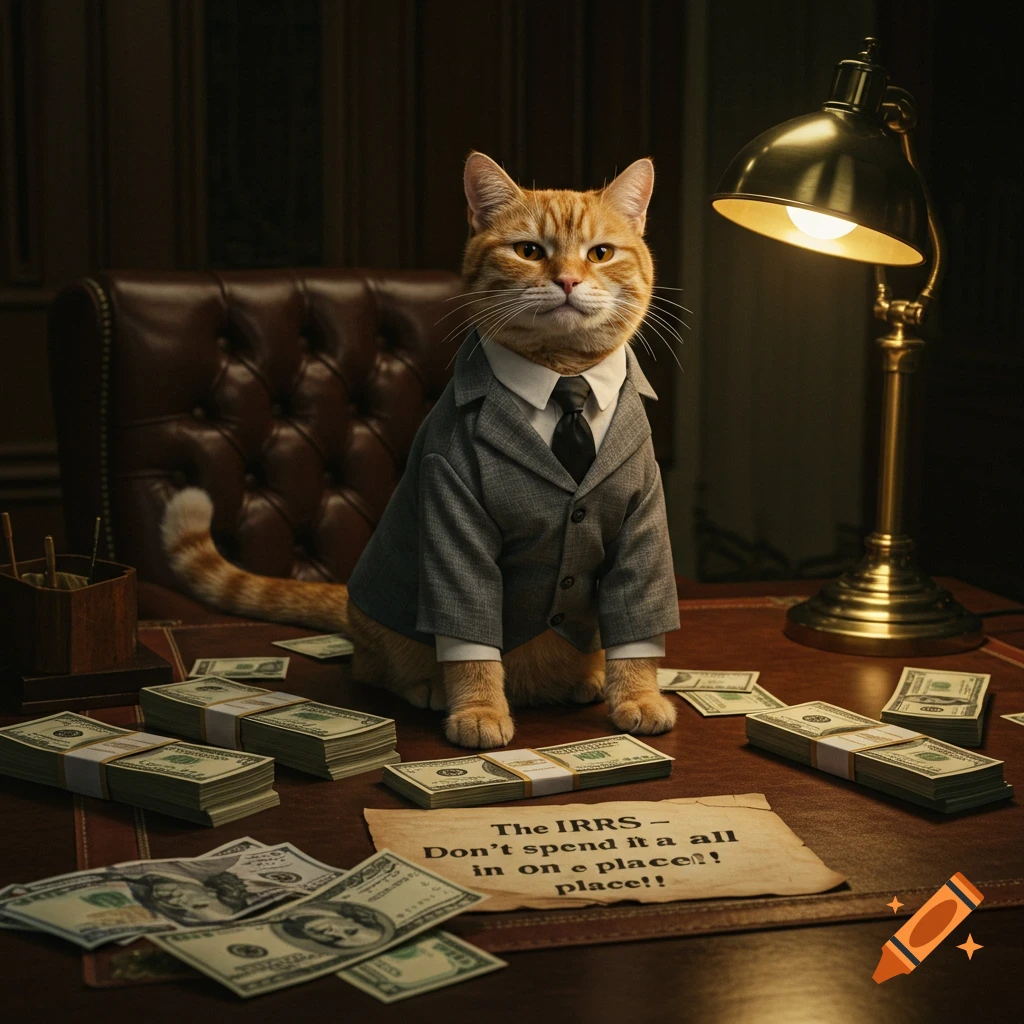 A cat in a suit sits at a desk with stacks of cash and a note.