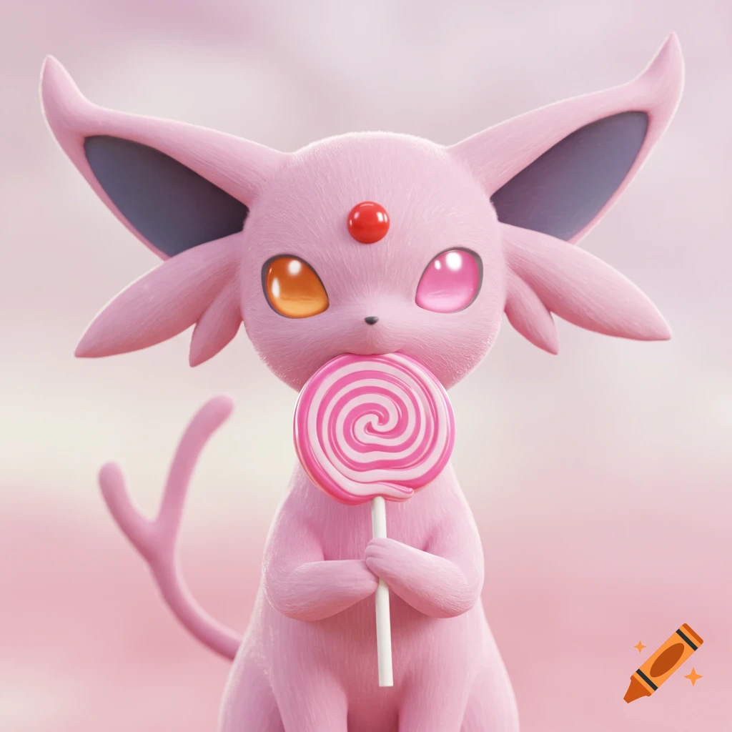 Pink Espeon character with one orange and one pink eye holds a pink and white lollipop.