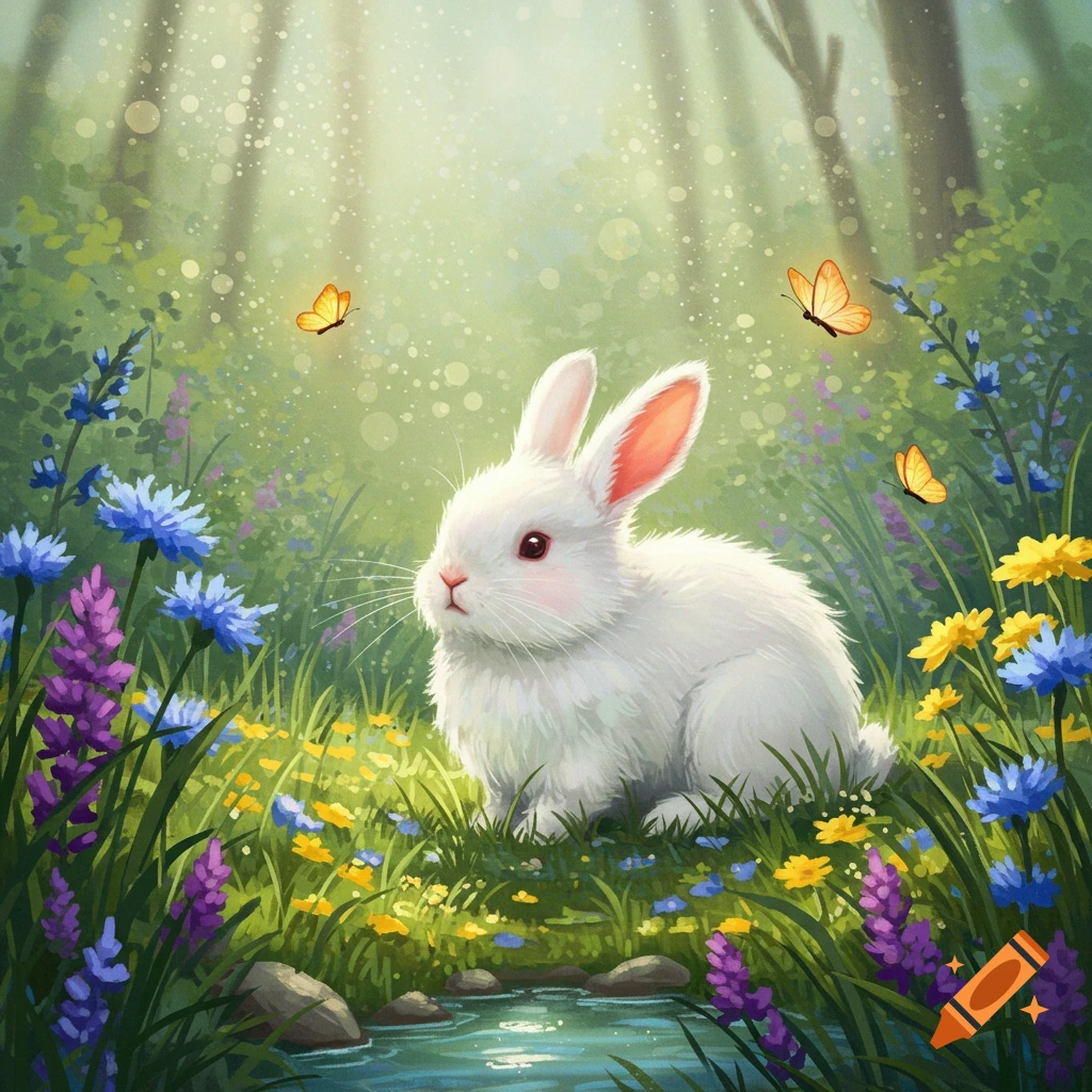 A white bunny sits among colorful flowers and butterflies in a sunny forest.