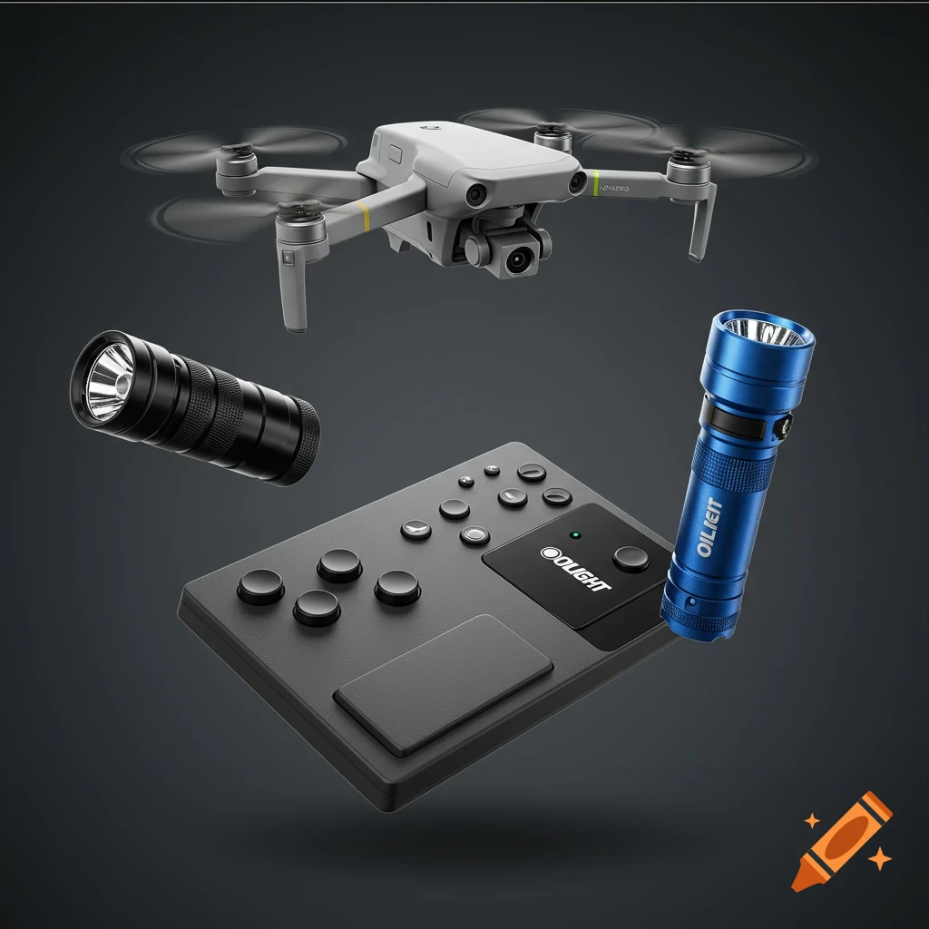 Photorealistic image of a grey drone, a black flashlight, a blue flashlight, and a black controller floating against a dark background.