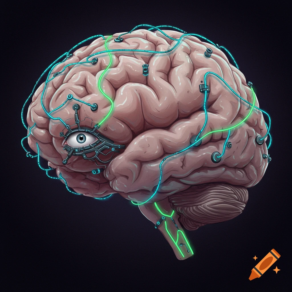 A human brain covered in cybernetic wires and featuring an eye.