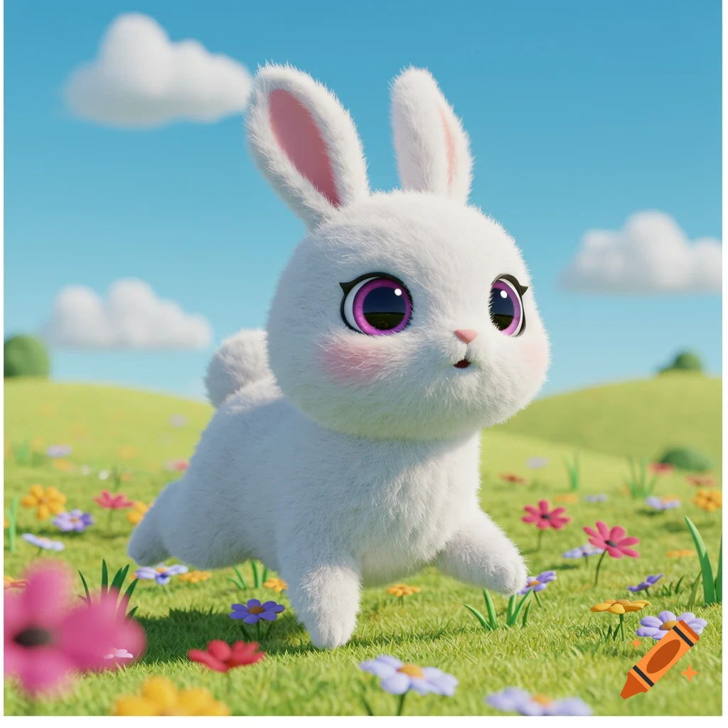A cute white cartoon bunny hops through a field of colorful flowers under a blue sky.