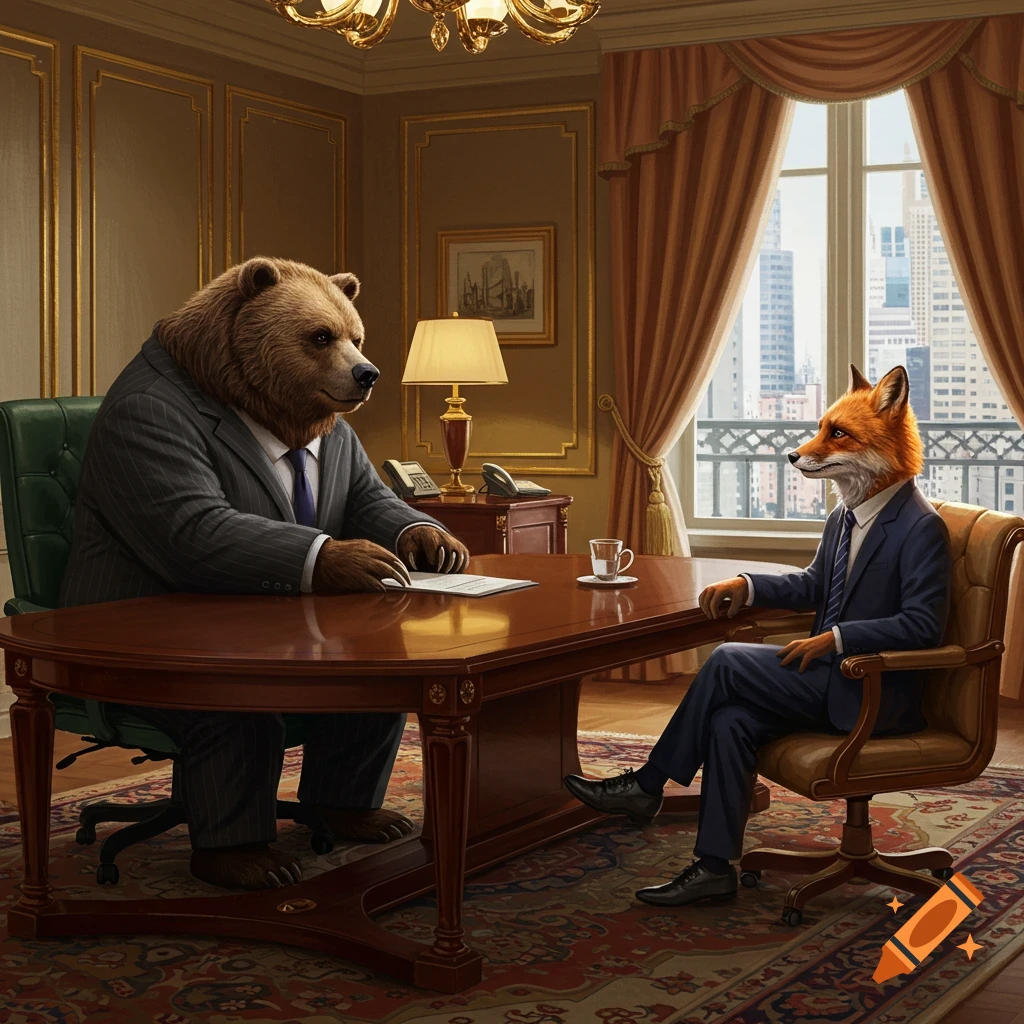 A bear and a fox in suits sit at a large table in an office meeting.