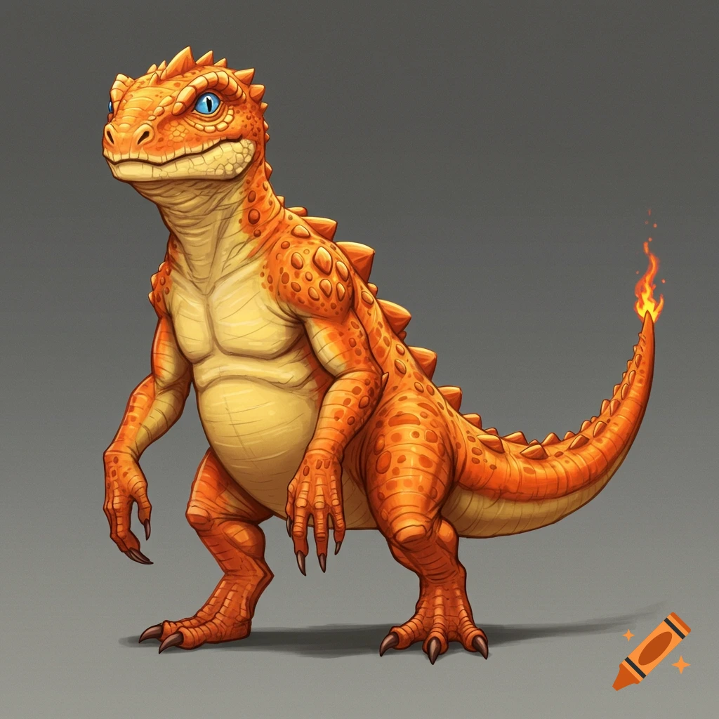 A bipedal orange lizard creature with blue eyes and a flame on its tail.
