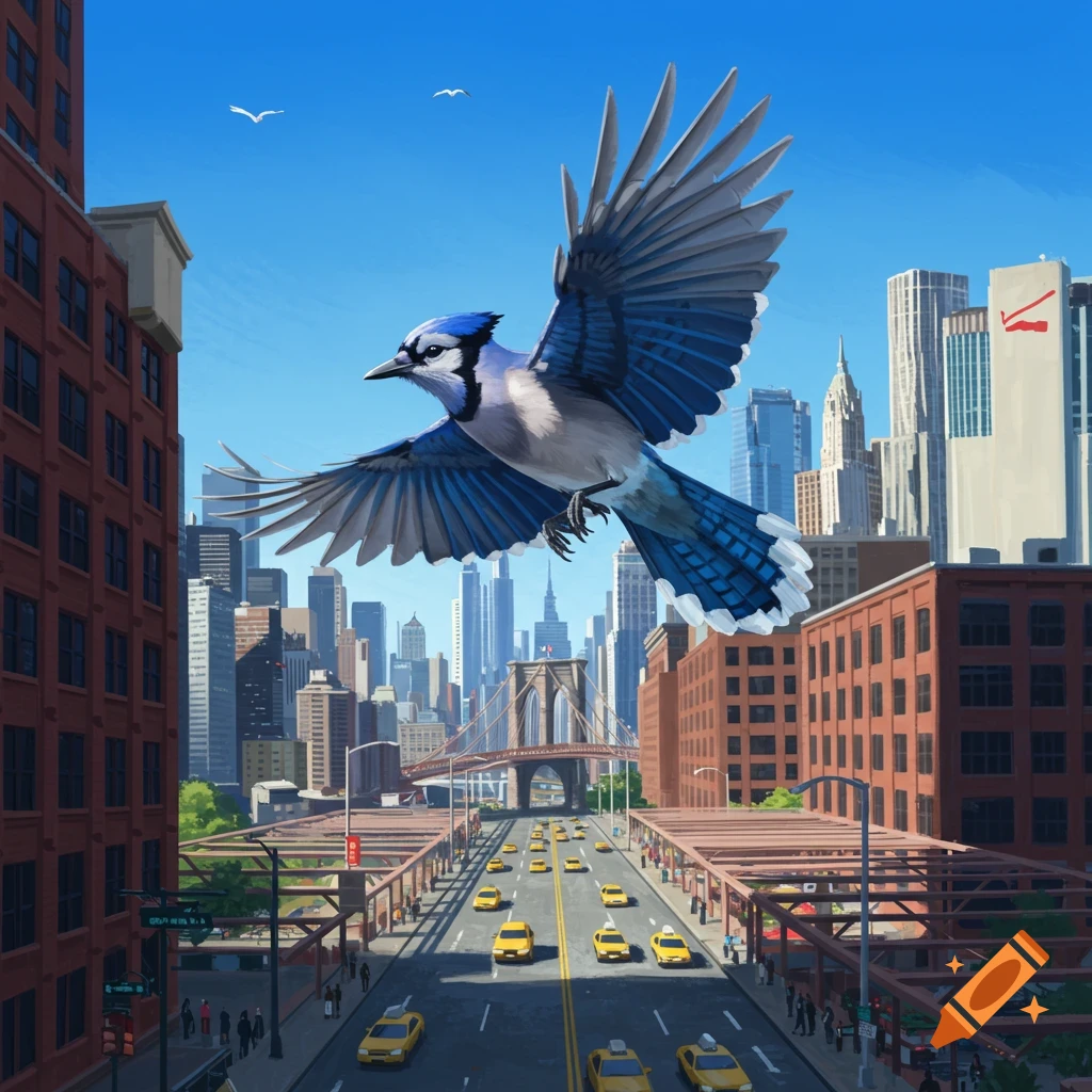 A bluejay flies over the Brooklyn Bridge and New York City skyline.
