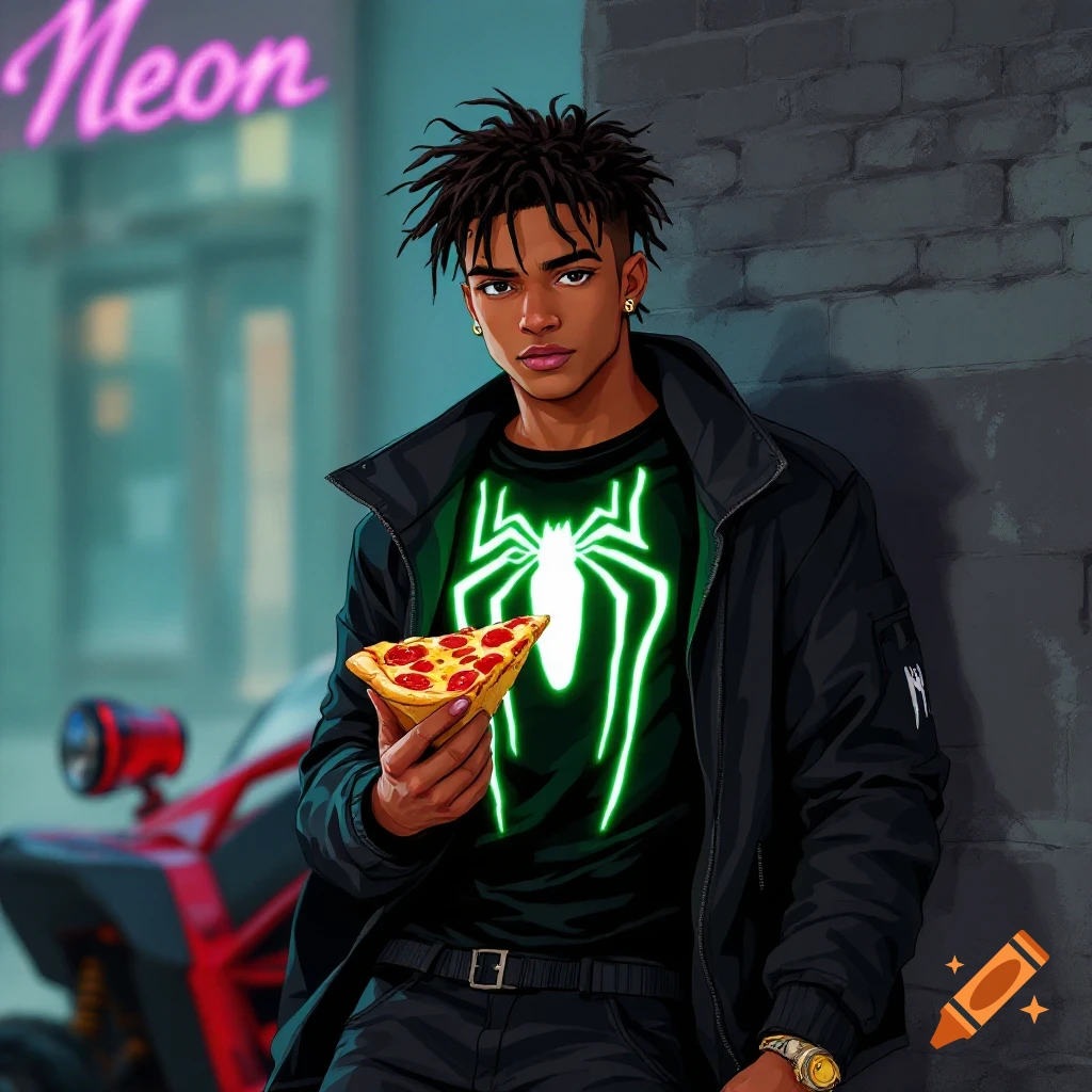 Digital illustration of a young Black man in a jacket with a glowing spider shirt, holding pizza near a brick wall and red vehicle. Neon sign says 'Neon'.