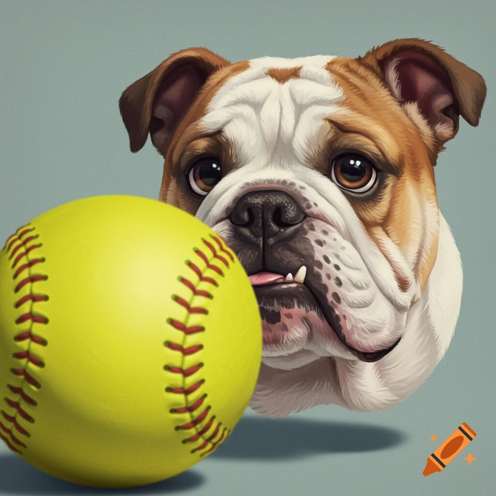 A realistic cartoon bulldog head is partially obscured by a large yellow softball in the foreground.