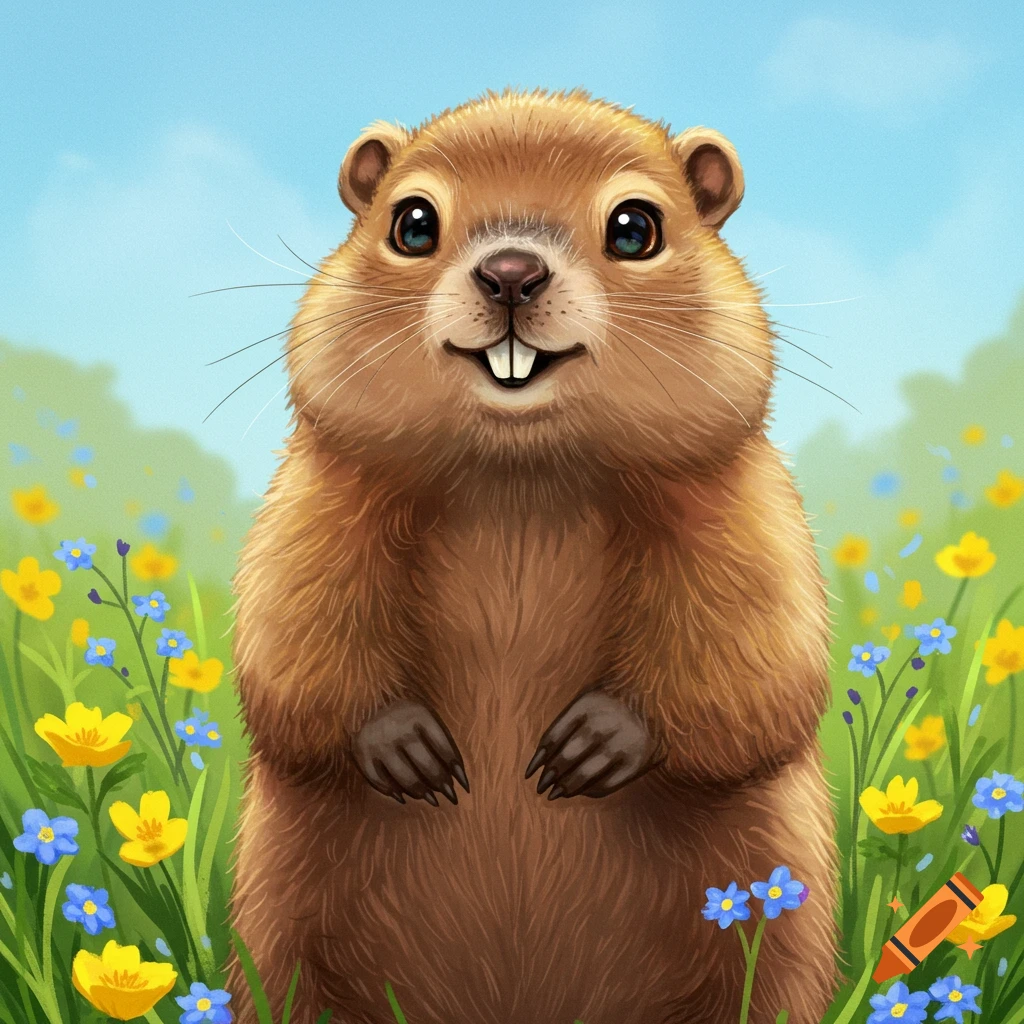 Cute smiling groundhog in a sunny field of yellow and blue flowers