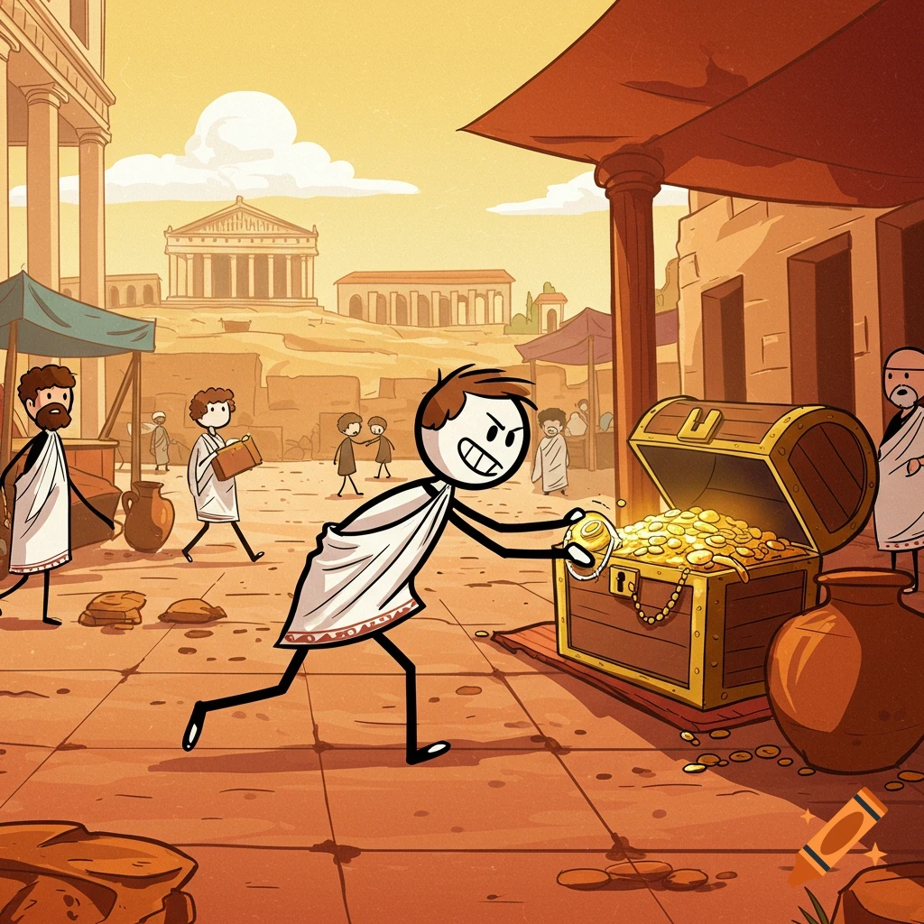 A stick figure in a toga takes gold from a treasure chest in an ancient city marketplace illustration.