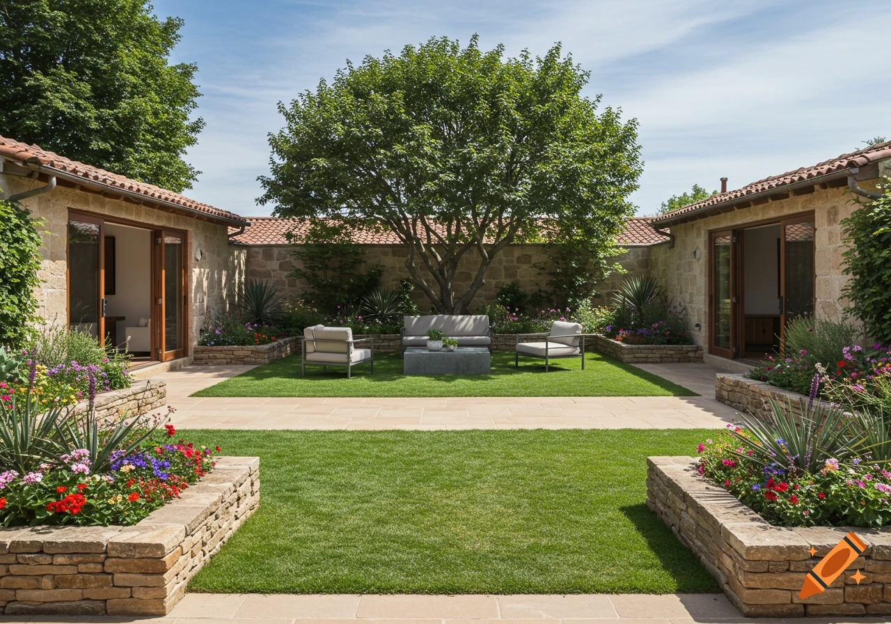 A symmetrical rustic modern garden with a square lawn, raised stone flower beds, a large tree, and modern outdoor seating.