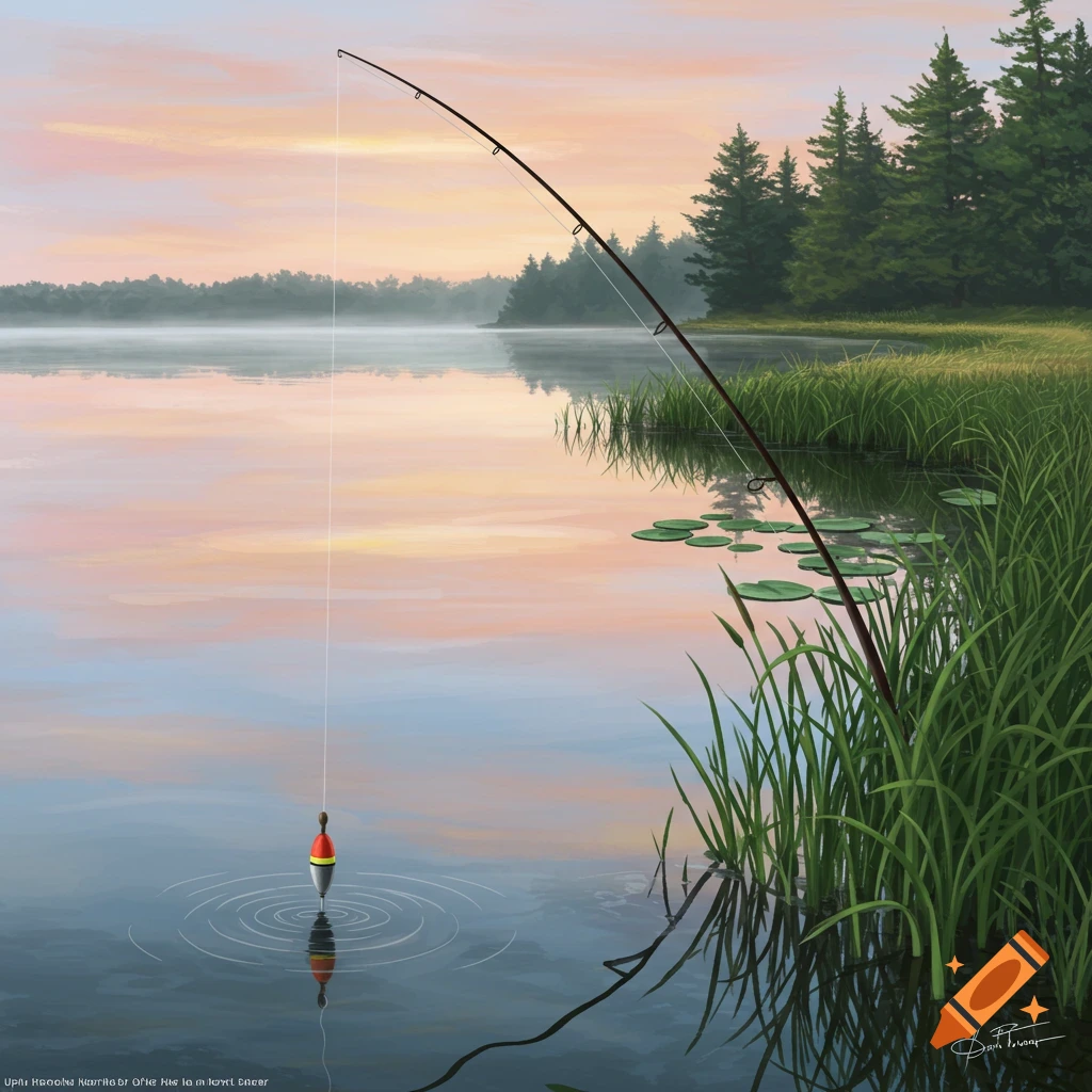 A fishing bobber in a lake at dawn with a fishing rod and trees in the background.
