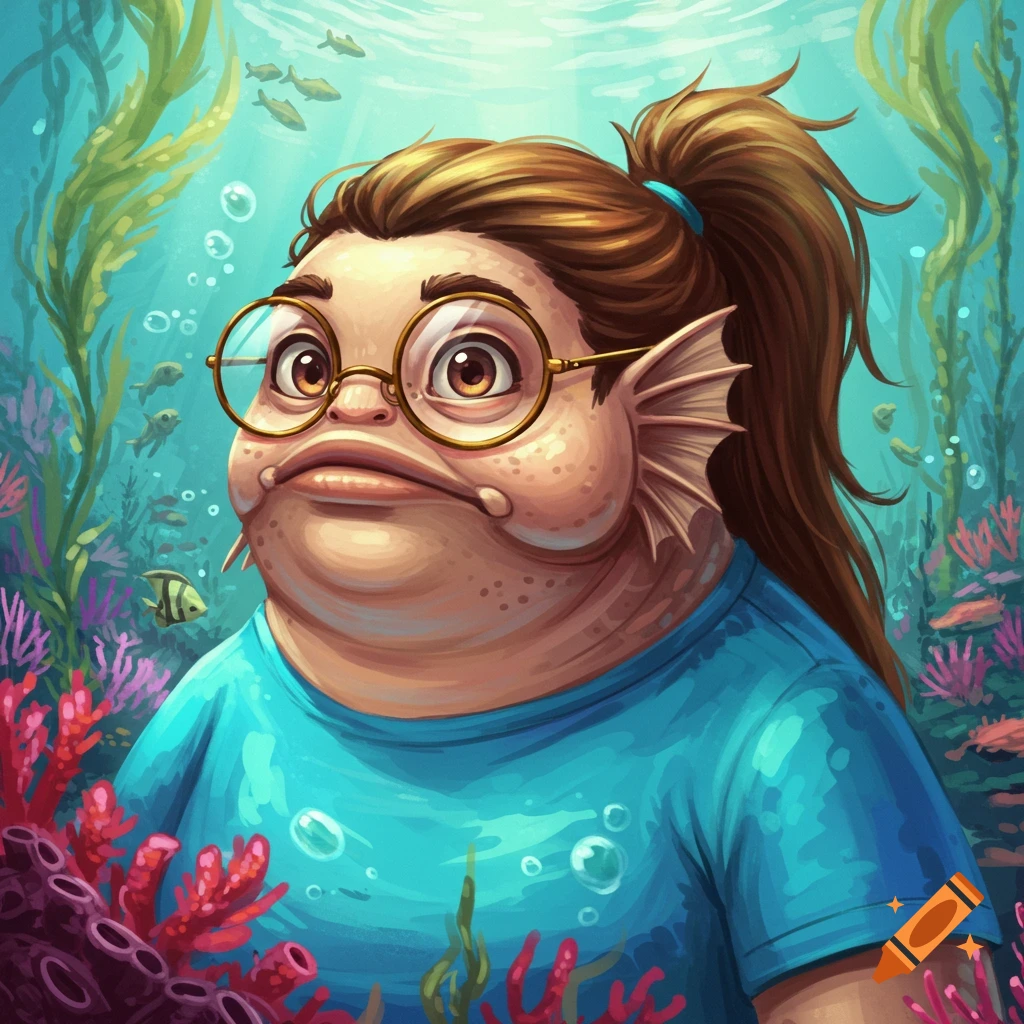 A fish person with glasses and a ponytail underwater.