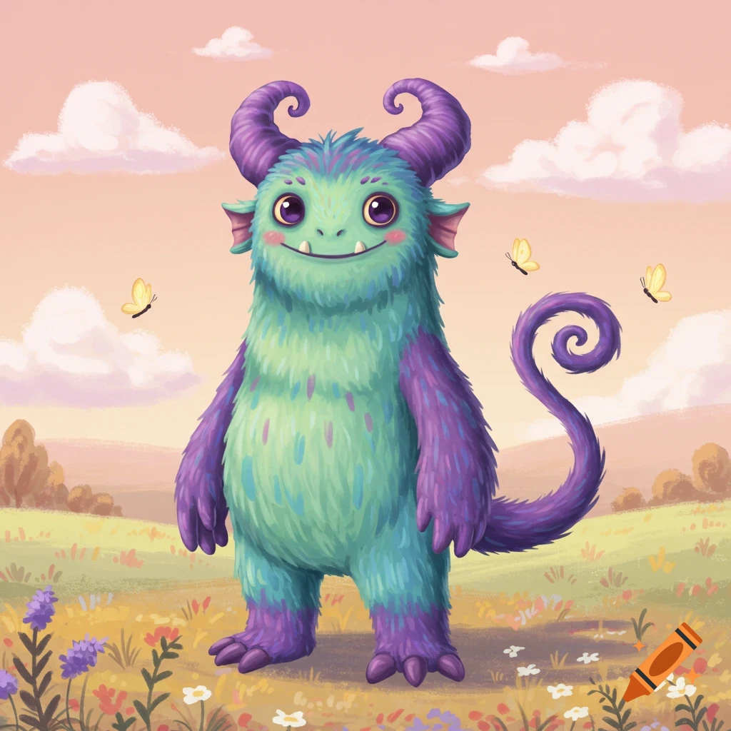 A cute, fluffy monster with green and blue fur, purple horns, and a curly purple tail stands in a field.