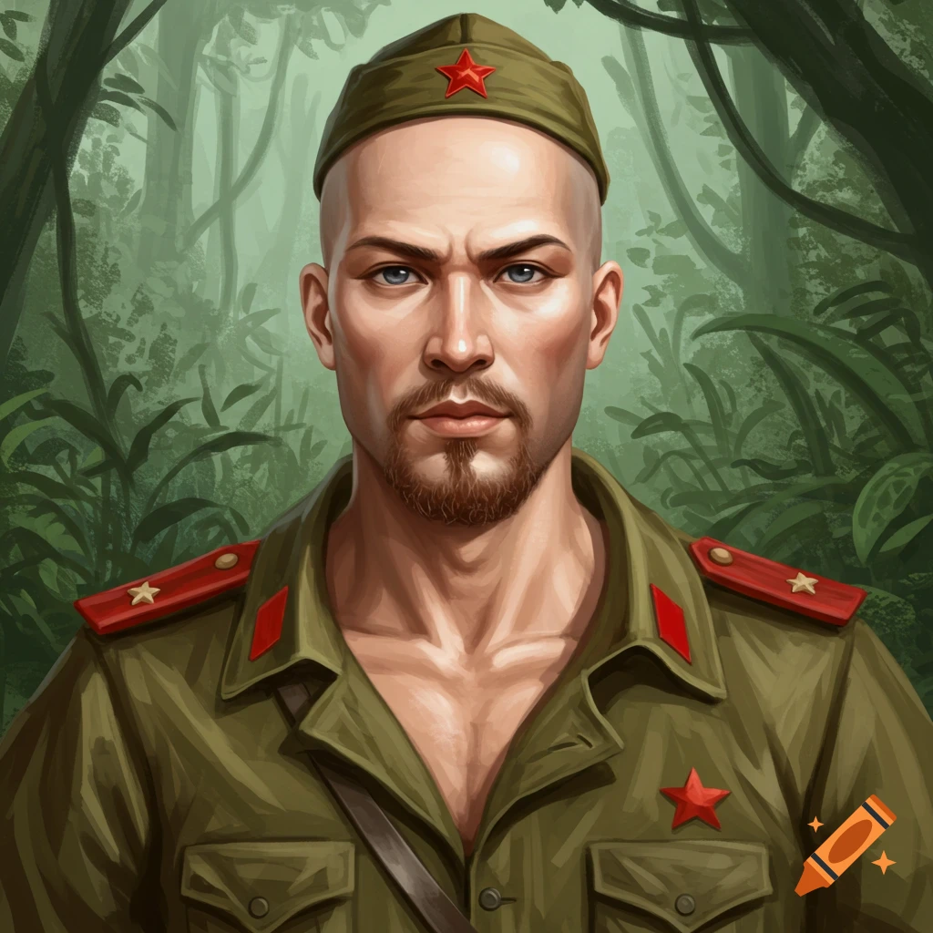 A man in a communist guerilla uniform in a jungle.