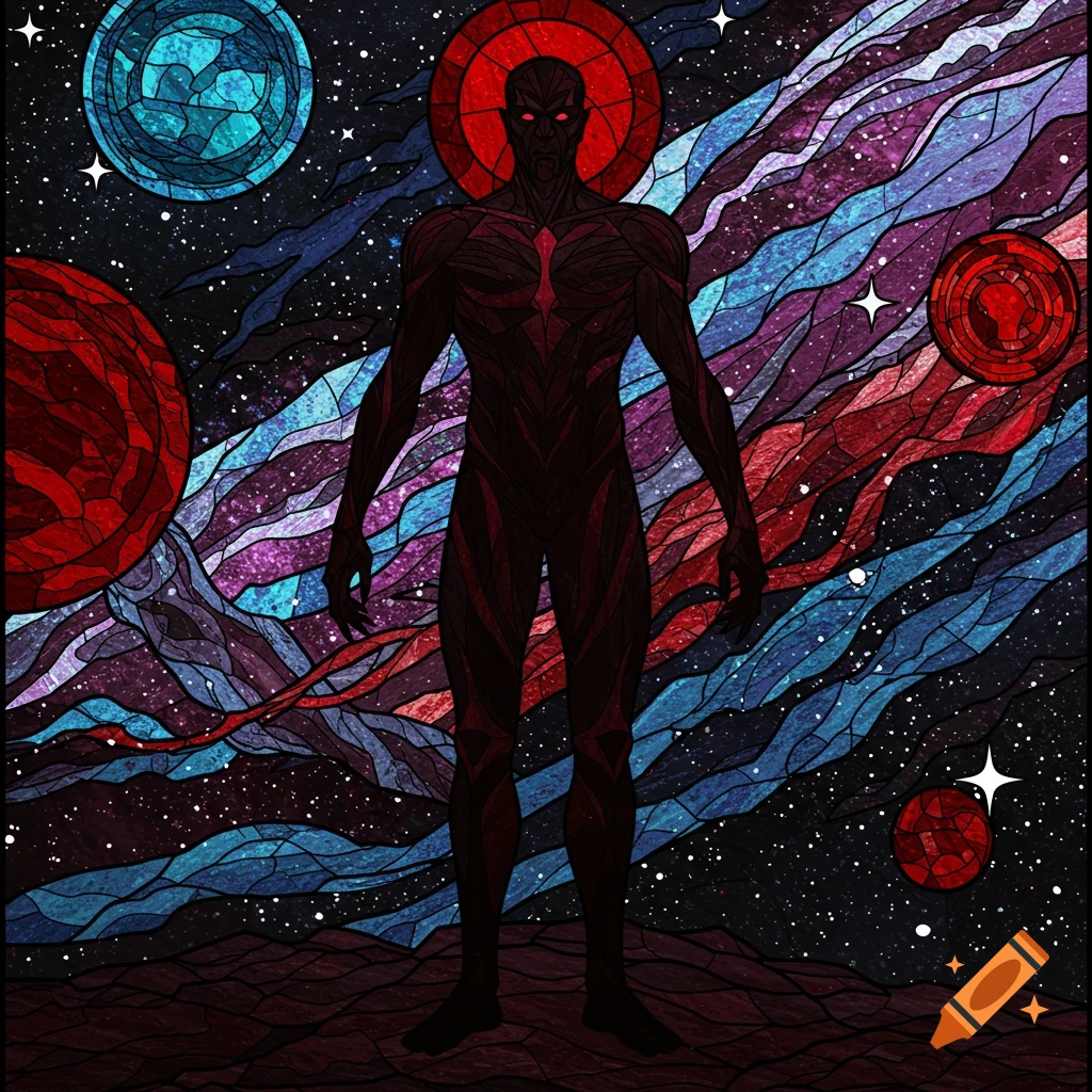 Stained glass art of a tall figure in space surrounded by planets and cosmic energy.
