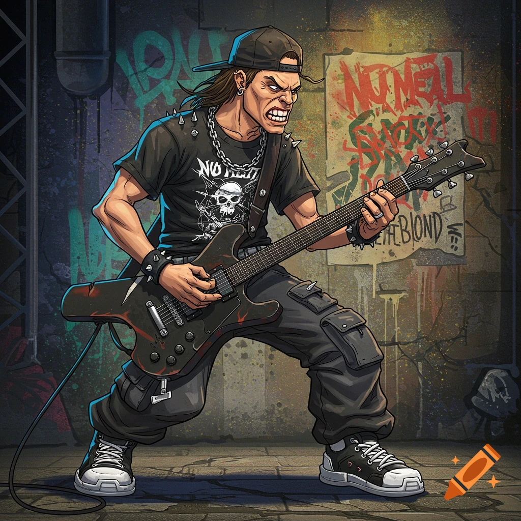 A stylized image of a nu metal guitarist playing an electric guitar in front of graffiti.