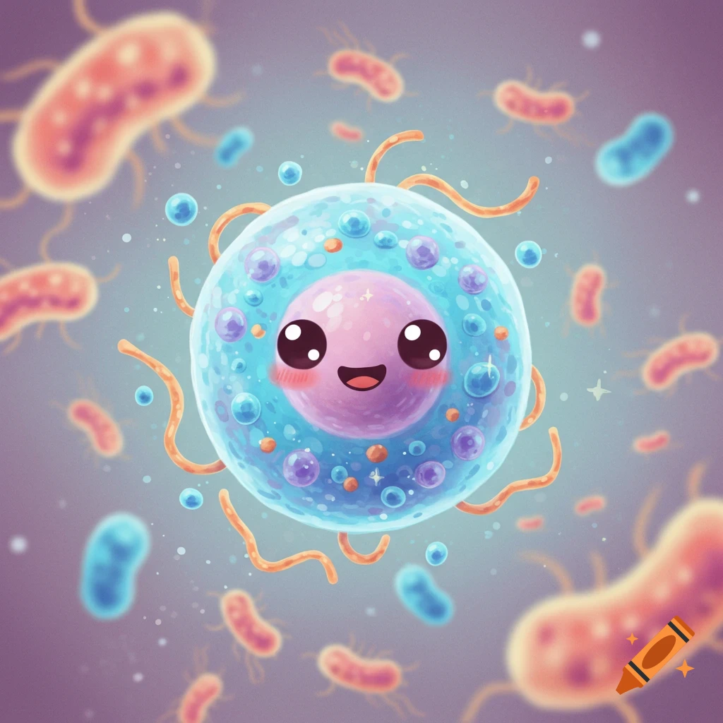 Cute stylized cell surrounded by other microbes.