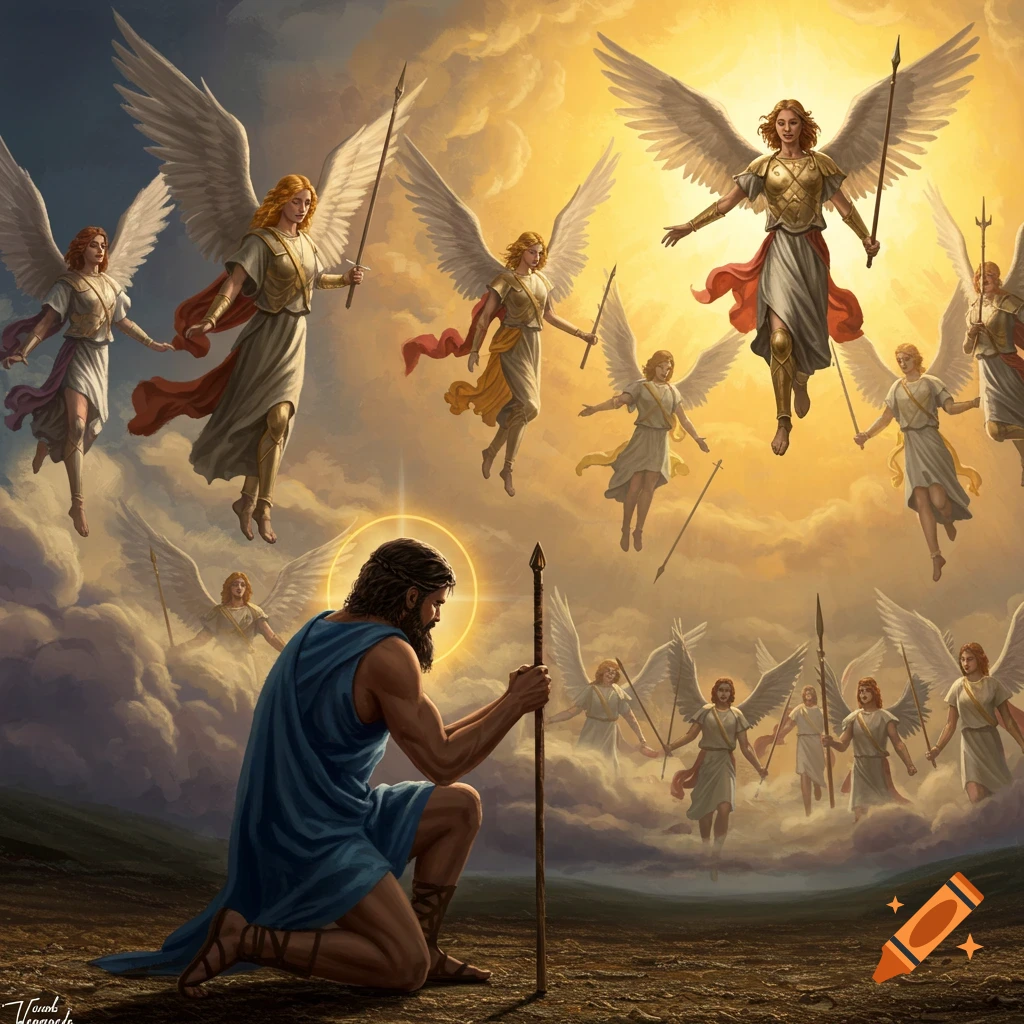 A man kneels on the ground, gazing upwards at a multitude of angels soaring through a radiant sky.