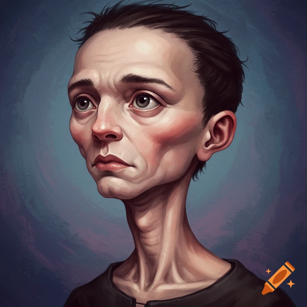 A man with exaggerated features, thin neck, large head, and small chin
