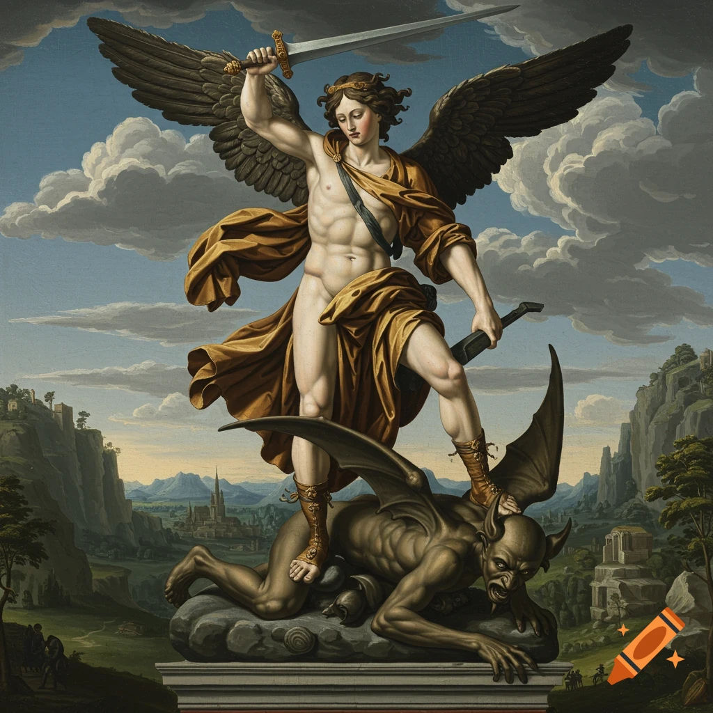 Classical painting of an angel standing over a demon, sword raised, in a landscape.
