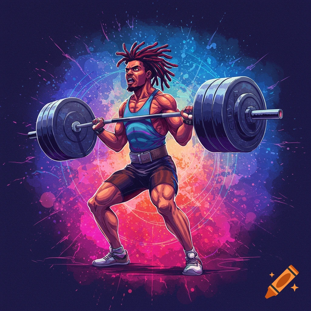 A muscular person with dreadlocks lifts a heavy barbell in a dynamic image with a vibrant abstract background.
