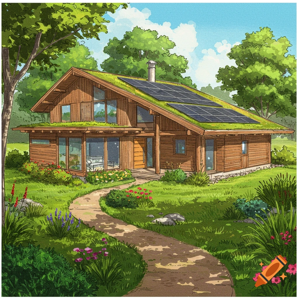 A wooden house with green roof and solar panels in a lush garden.