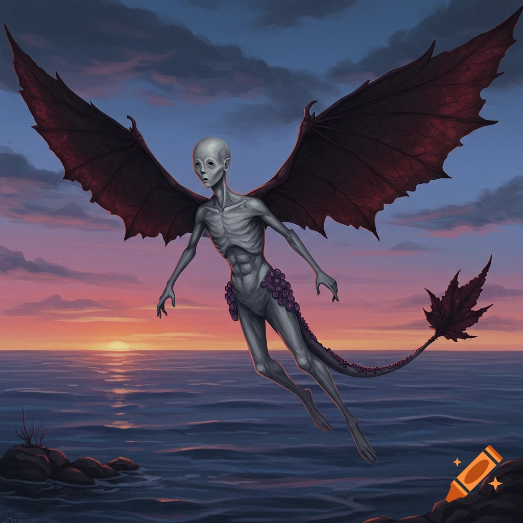 A gaunt, grey creature with large, dark leaf-like wings and a leaf tail flies over a twilight ocean.