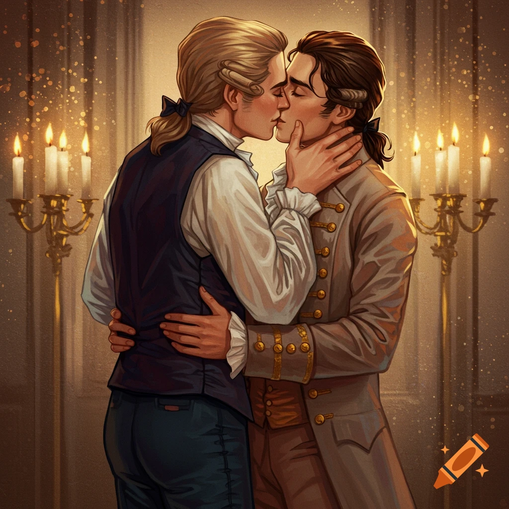 Two men in 1700s attire embracing and kissing in a candlelit room.