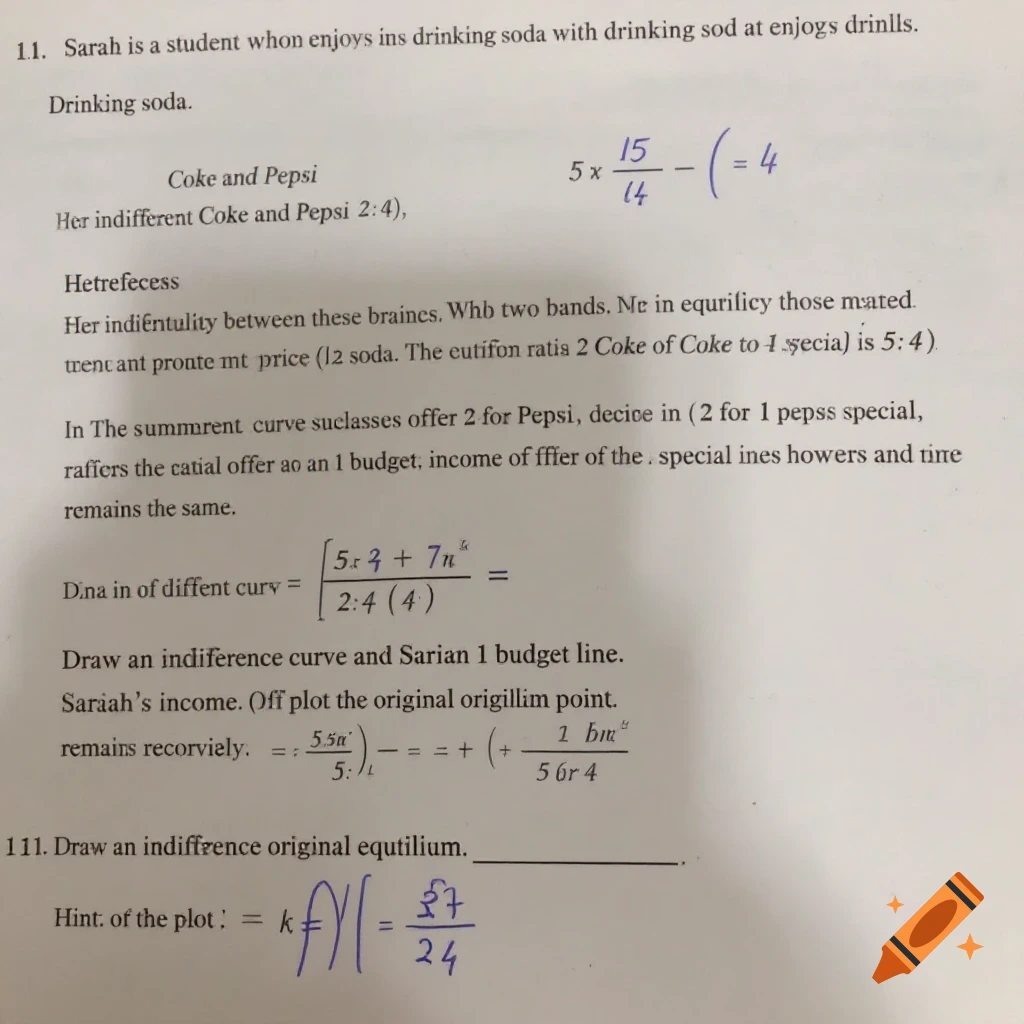 Close-up scan of a document page with typed and handwritten text, equations, and diagrams related to an economics problem about consumer choice.