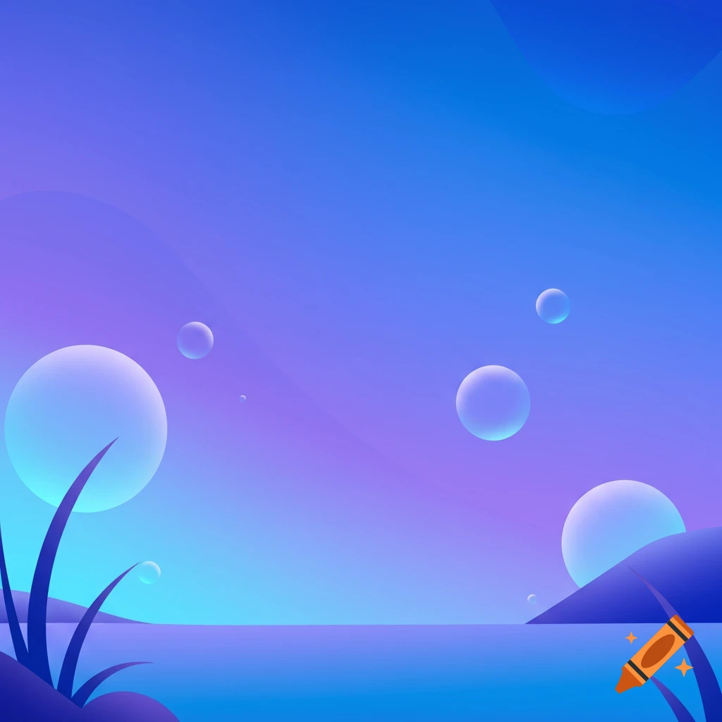 A stylized landscape with a purple and blue gradient sky, water, hills, and large iridescent bubbles floating above.