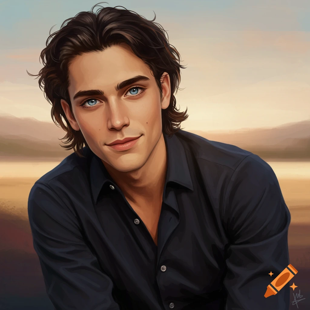A portrait of a young man with brown hair and blue eyes wearing a dark shirt, against a blurred landscape.