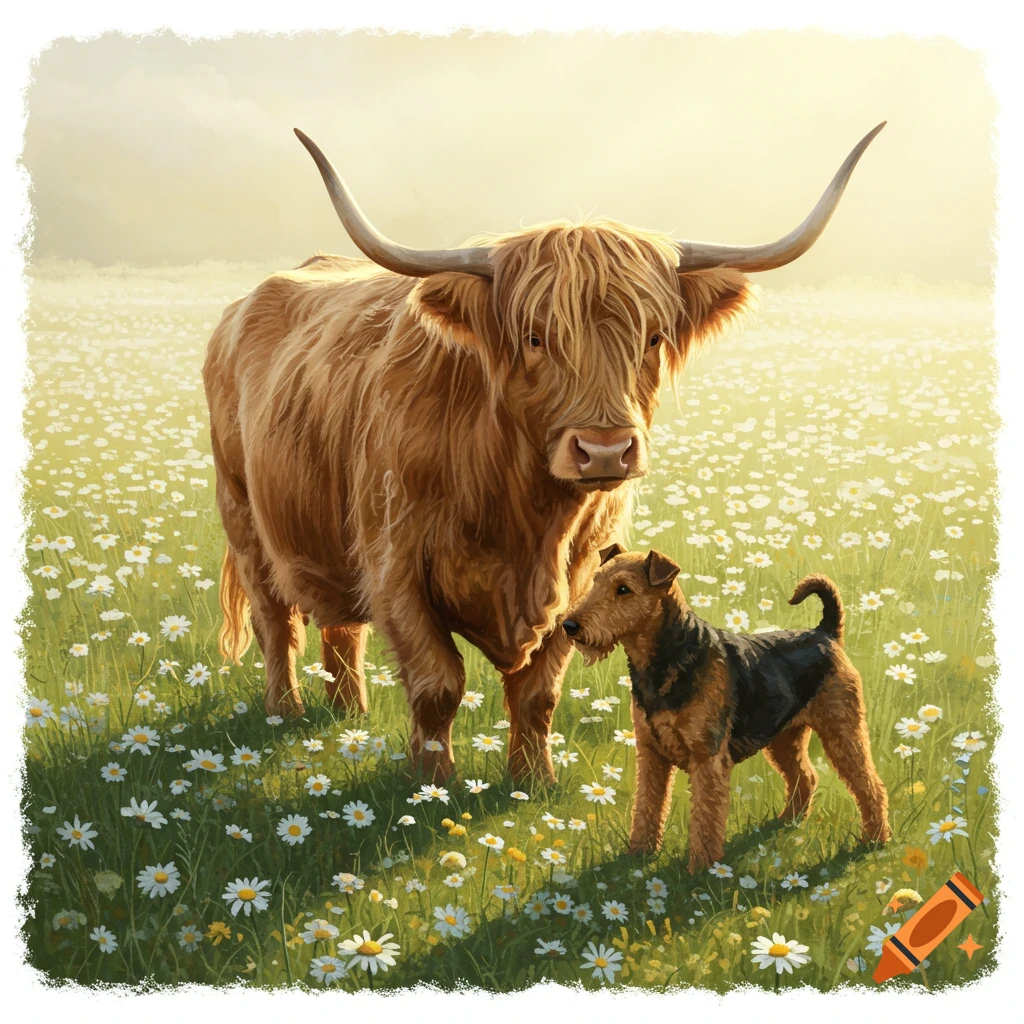 A shaggy Highland bull stands with an Airedale terrier in a field of daisies.