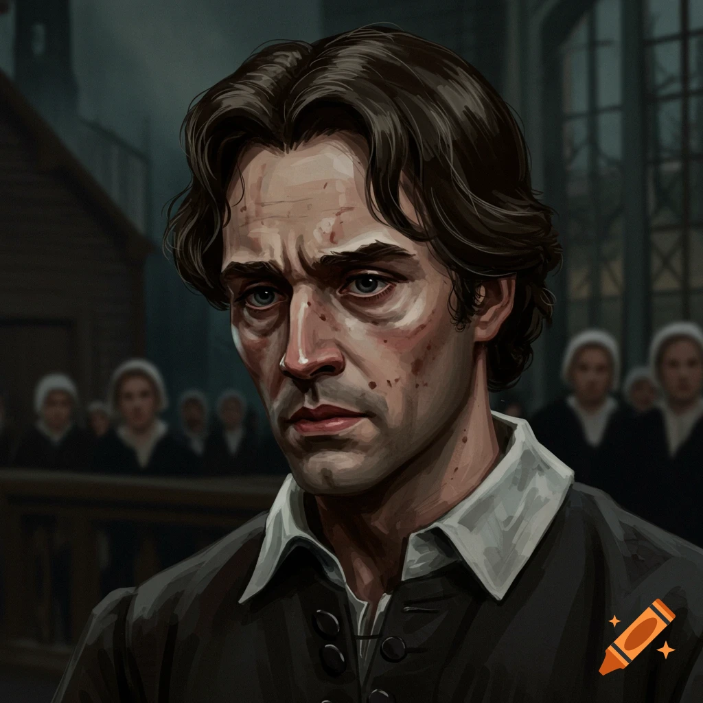 Portrait of a distressed man in period clothing against a dark background.