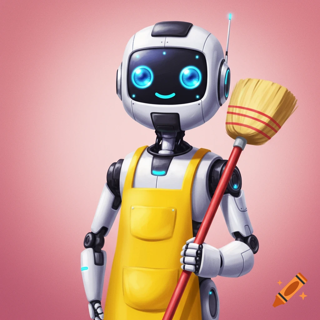 A friendly robot wearing a yellow apron and holding a broom.