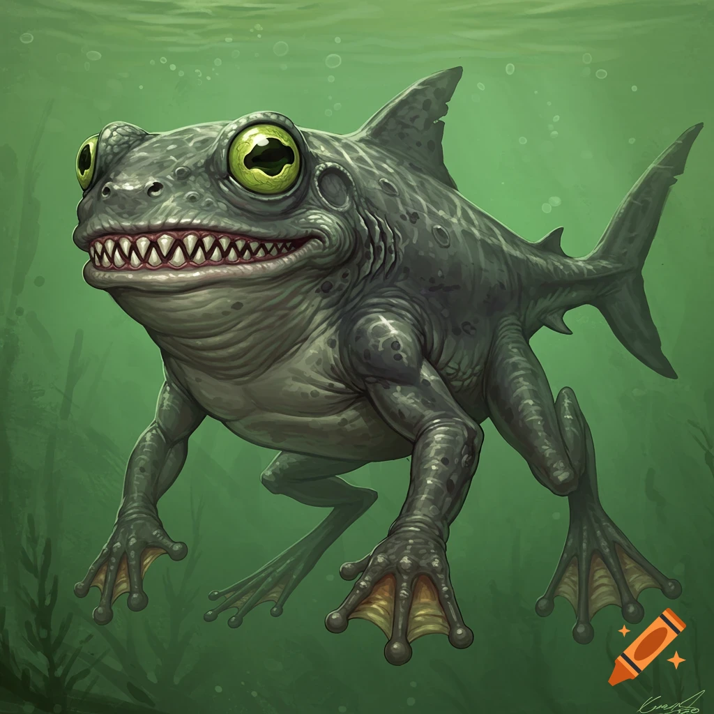 A green shark-frog hybrid swimming underwater