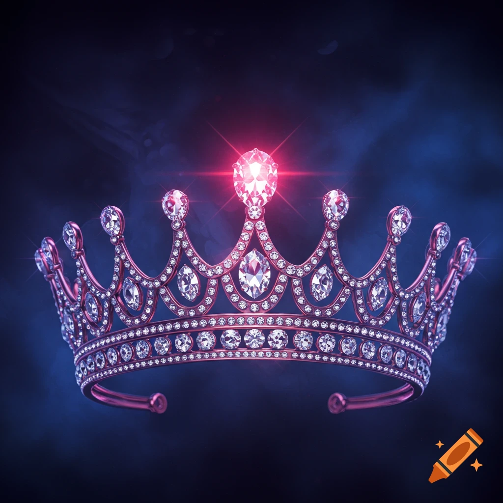 A close-up view of an ornate crown adorned with numerous diamonds on a dark background with glowing red light.