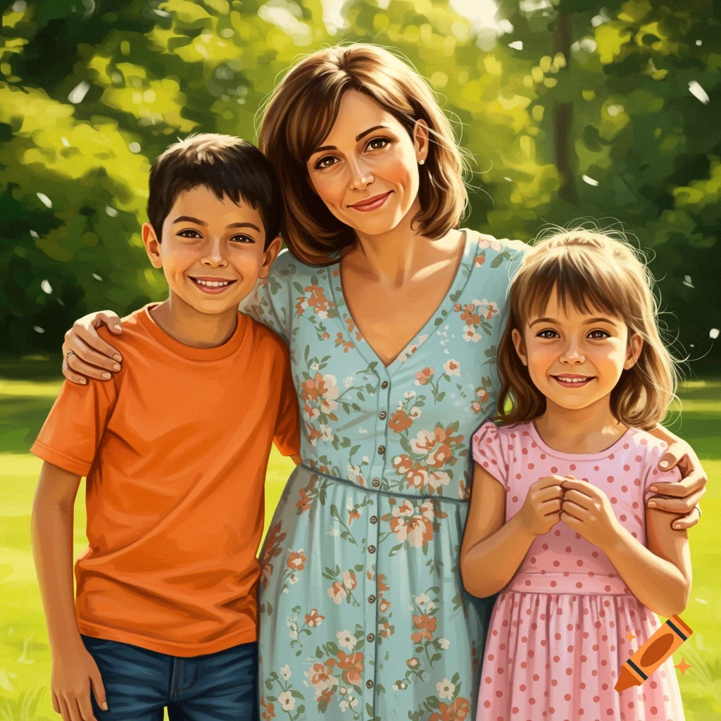Smiling mother, son, and daughter embracing in a sunny park.