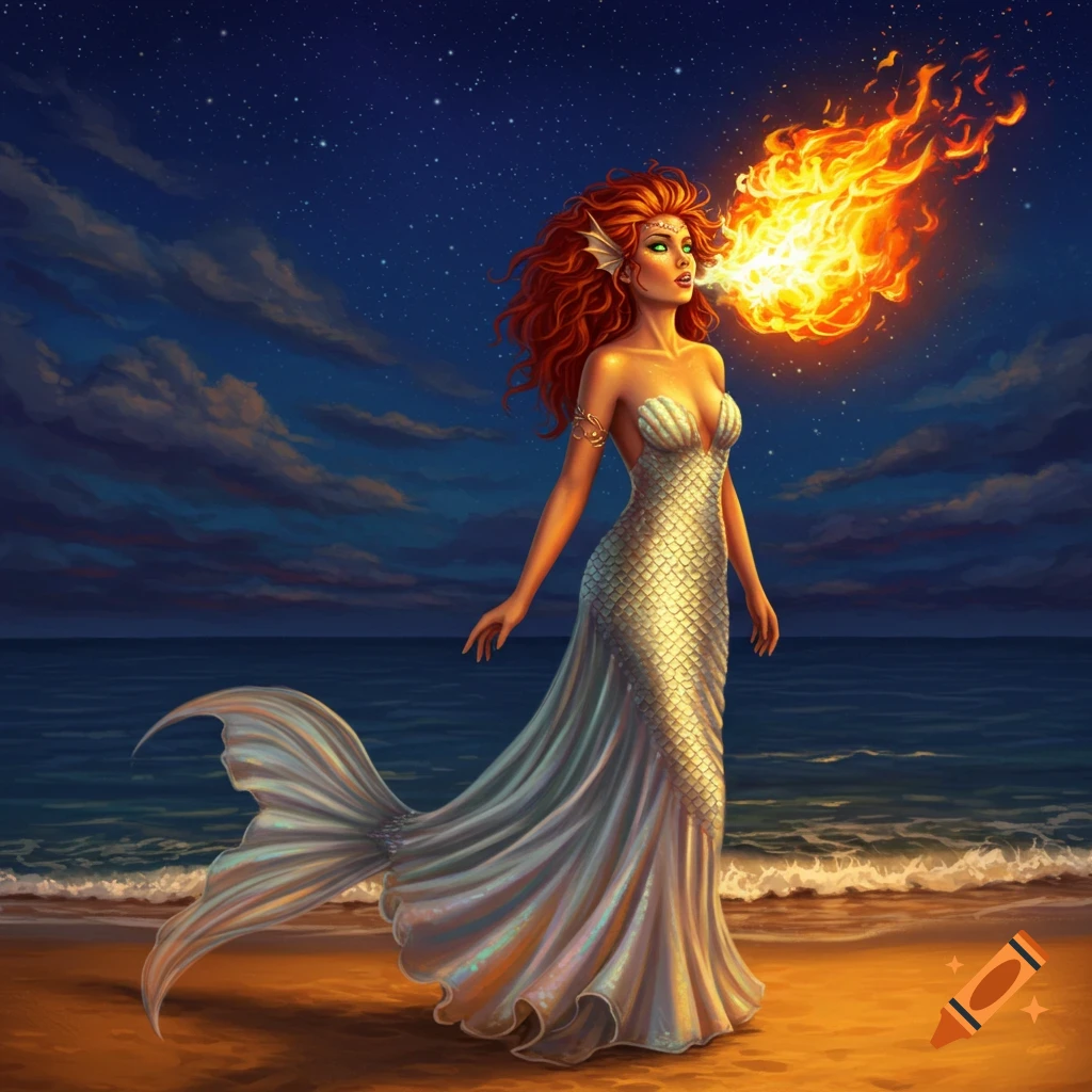 A painting of a fire-breathing mermaid on a beach at night.