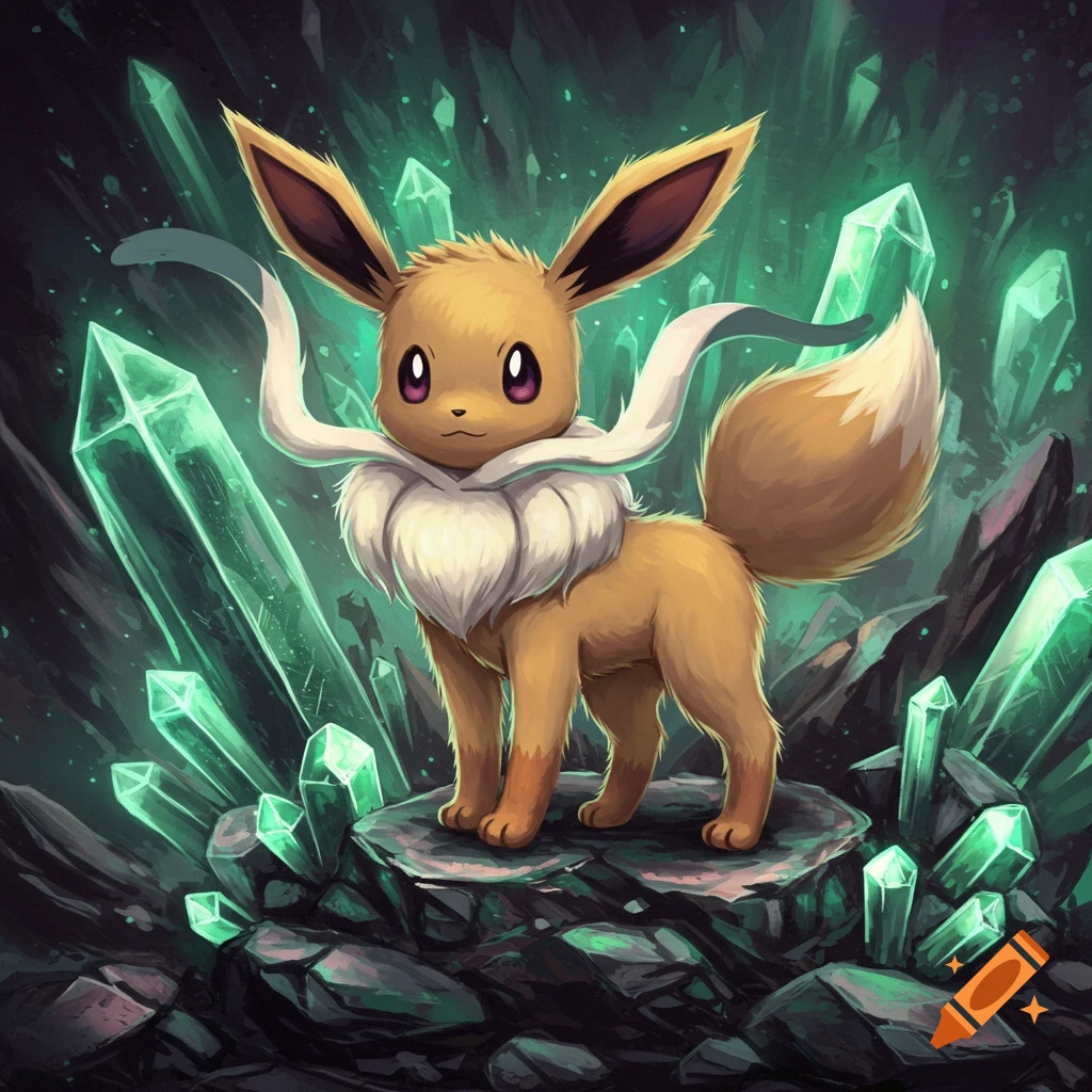 The Pokemon Eevee stands on a rock, surrounded by large, glowing green crystals in a cave.
