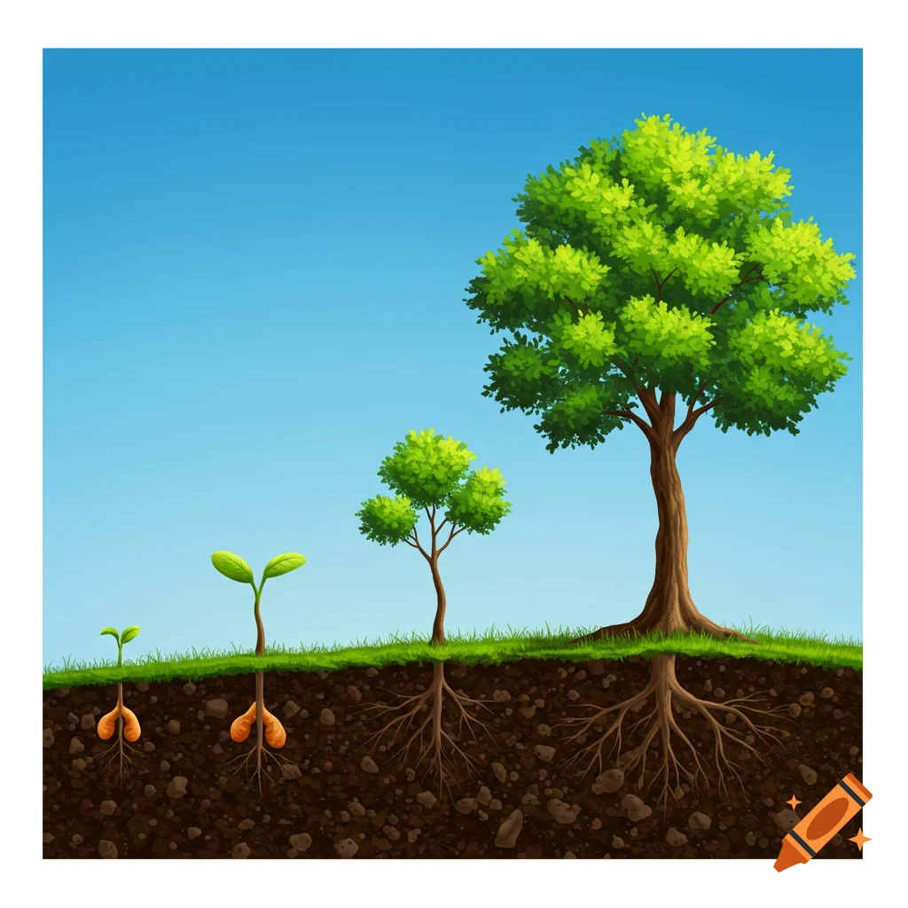 Showing the stages of a tree growing from seed to mature tree, with roots visible.