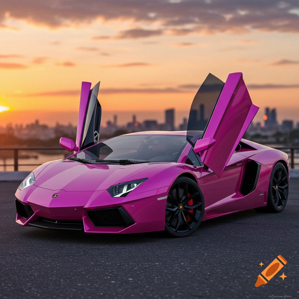A hot pink Lamborghini with open doors sits on pavement against a city skyline at sunset.