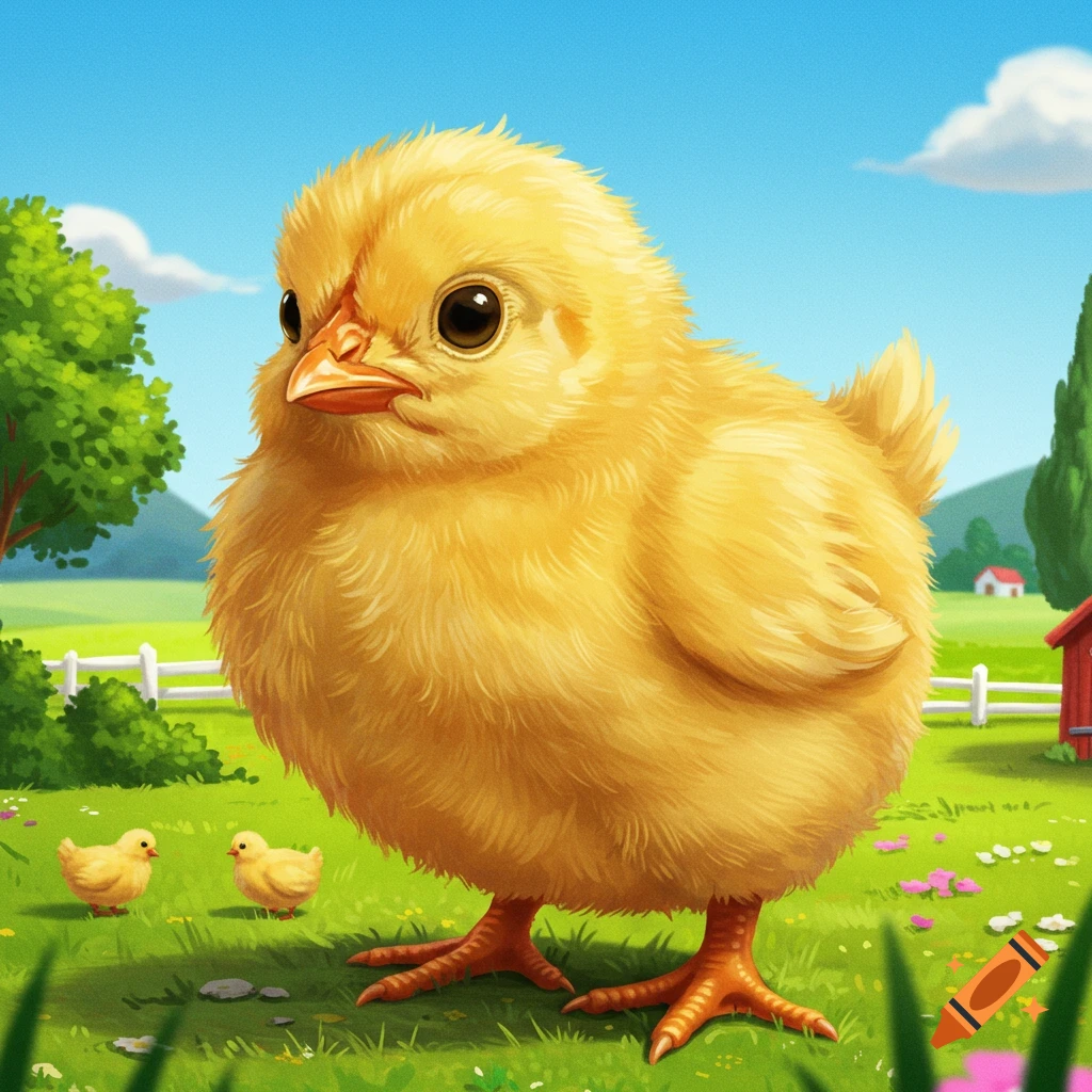 A large, fluffy yellow baby chick stands in a sunny field with smaller chicks in the background.