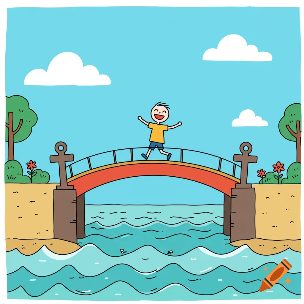 A happy cartoon boy runs across a red bridge over blue water with trees and clouds.