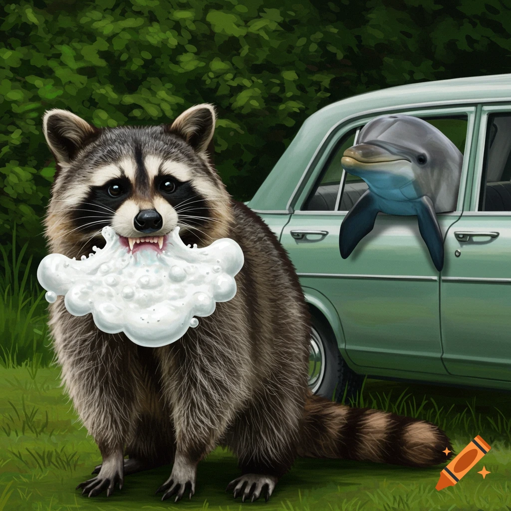 A raccoon with foam in its mouth and a dolphin in a car window.
