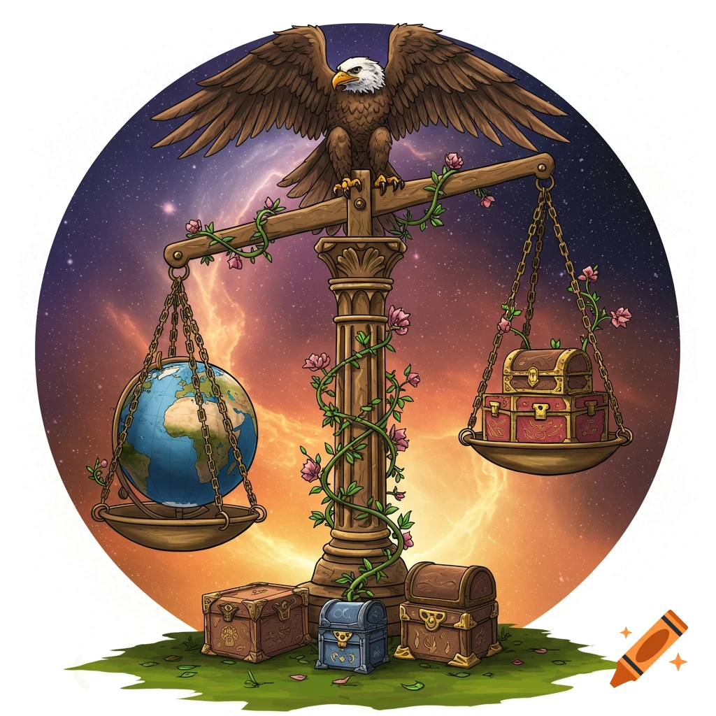 An eagle stands on a scale balancing a globe and treasure chests under a starry sky.