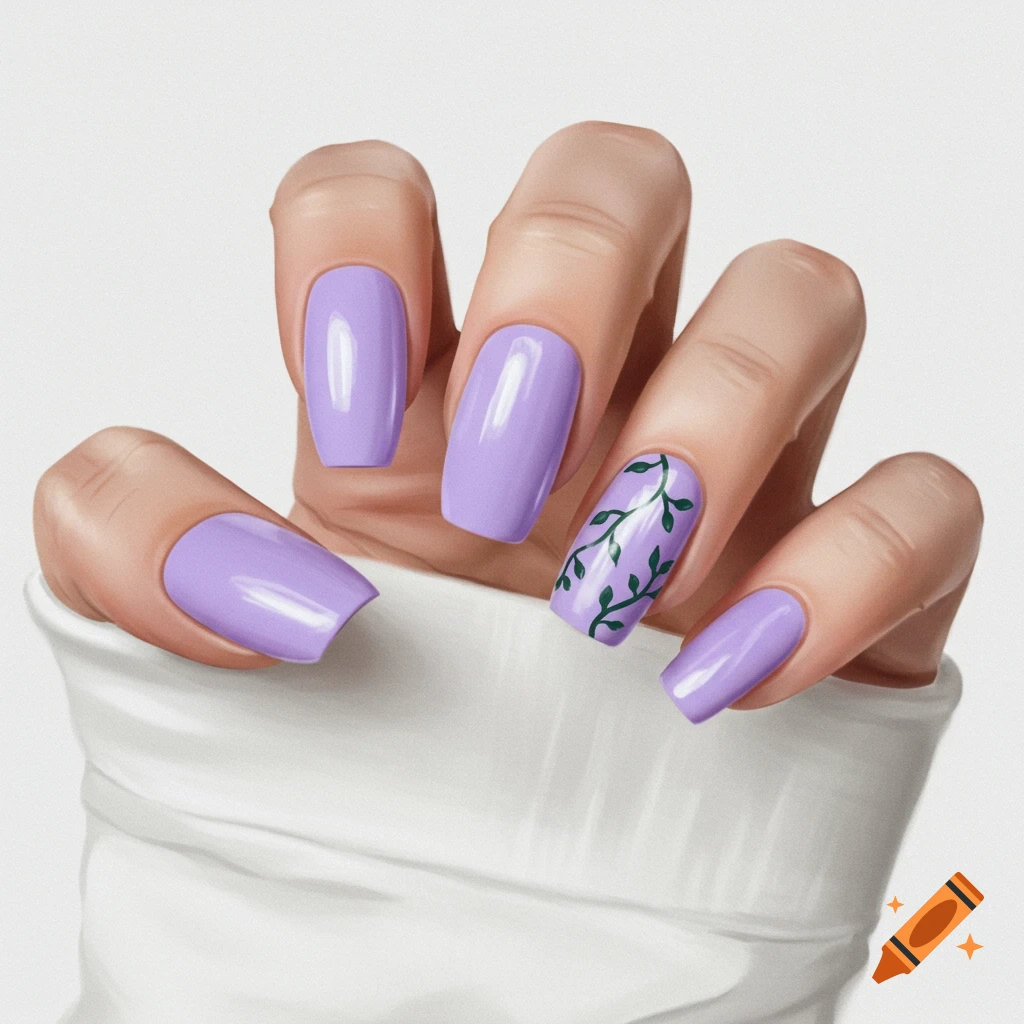 A hand with pastel purple acrylic nails, one nail has a green vine.