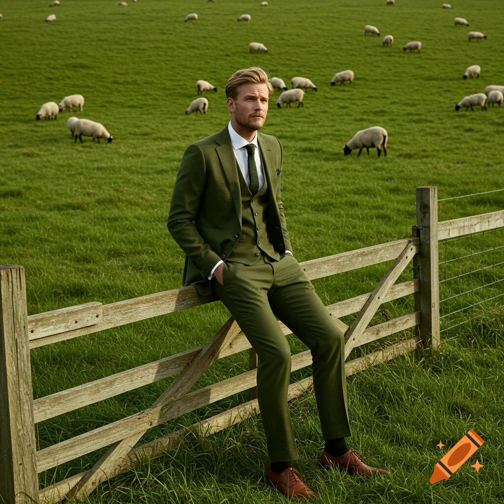A man in an olive green suit sits on a wooden fence in a field with sheep.