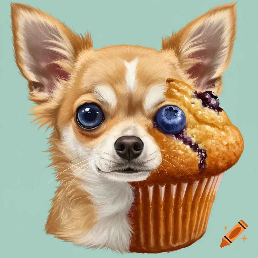 A chihuahua face with the right half replaced by a blueberry muffin, where the dog's right eye is a blueberry.