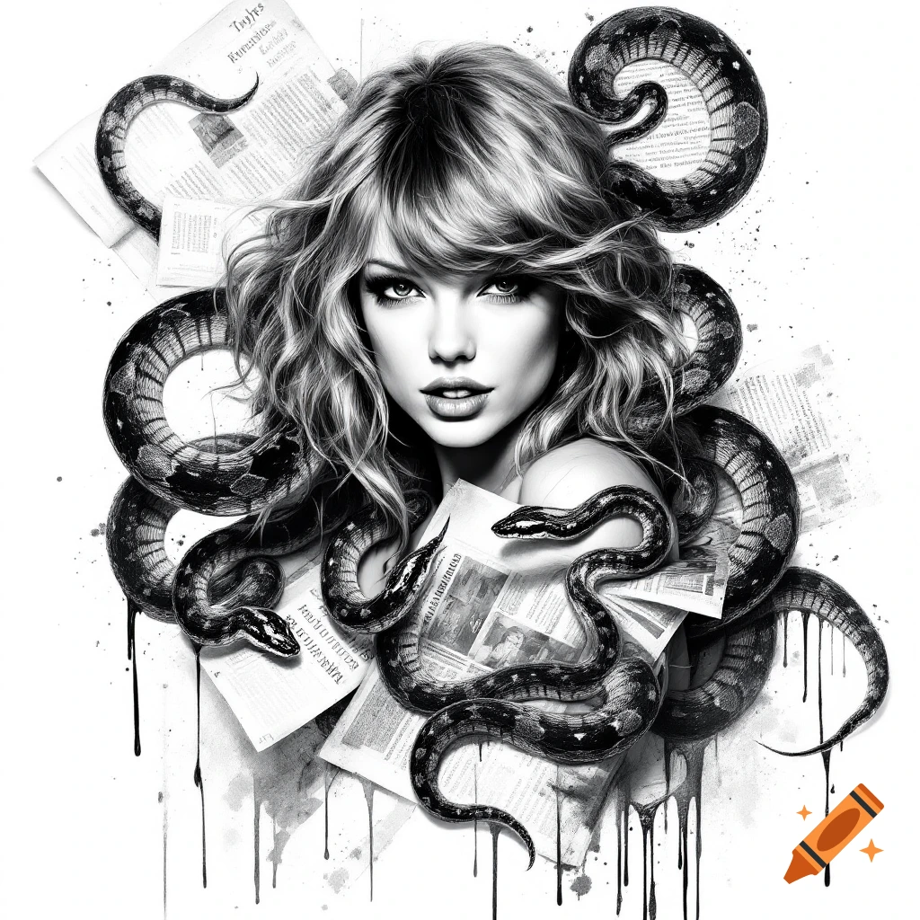 Black and white depiction of a woman with snakes intertwined around her, surrounded by newspaper sheets.